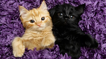 Adorable Ginger and Black Kittens Cuddling on Purple Furry Blanket