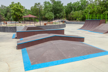 Skate park with a blue and white border