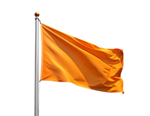 A bright orange three-dimensional flag waves gently on its pole, a simple yet effec