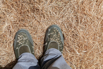 Person's feet are shown in a field of dry grass