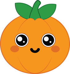 Round Cheerful Pumpkin with Green Leafy Fringe – Fall Cartoon Vector
