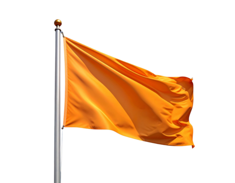 A bright orange three-dimensional flag waves gently on its pole, a simple yet effec - Powered by Adobe