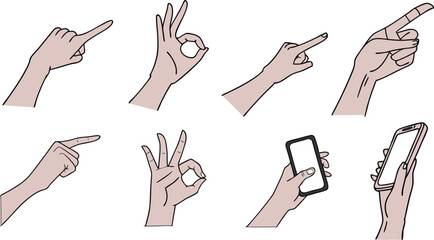 hand gesture vector illustration set showing finger pointing, ok sign, mobile phone holding, human hands in action, cartoon drawing, minimal flat design