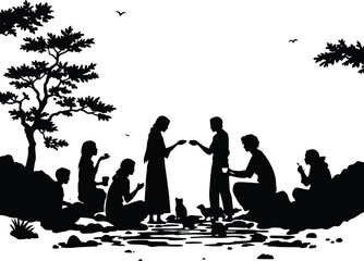 Group Gathering Silhouette Vector Illustration Featuring Seven People Interacting Outdoors with a Cat, Bird, Trees, and Flying Birds in a Natural Park Setting in Minimal Black and White Style