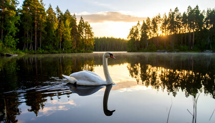 Swan swimming sunrise lake forest.