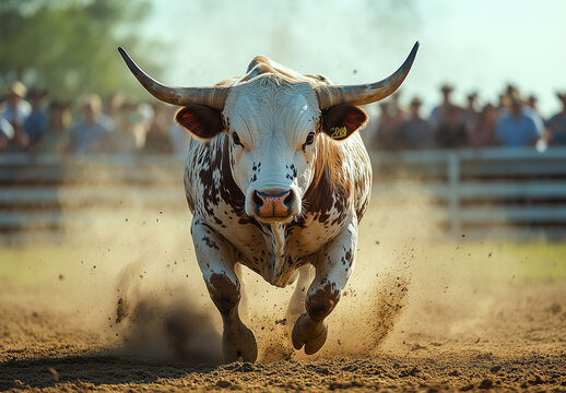 A powerful bull charges through a dust-filled arena during a vibrant regional rodeo, captured in the golden light of the afternoon sun. The motion is intense and dynamic, with captivated spectators in