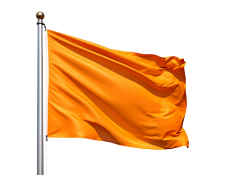A bright orange three-dimensional flag waves gently on its pole, a simple yet effecti