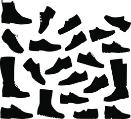 Silhouette collection of various men's shoes, boots, formal footwear, casual styles, fashion silhouettes, isolated on white background, vector illustration