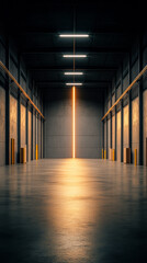 Lighting creates an eerie atmosphere in an empty warehouse with concrete floors during evening hours