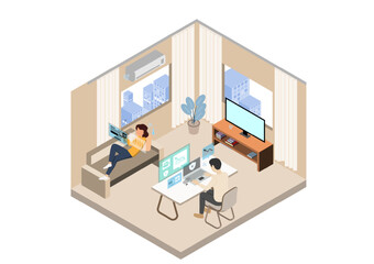 Family working remotely analyzing financial data from laptop at home with monimal icon background,digital nomad concept,Modern business isometric vector flat design