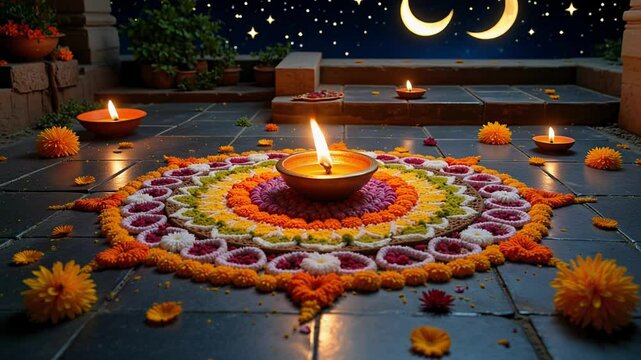 Celebrate Diwali with vibrant rangoli floor art and a glowing diya, a traditional Hindu festival of lights design in 4k footage.