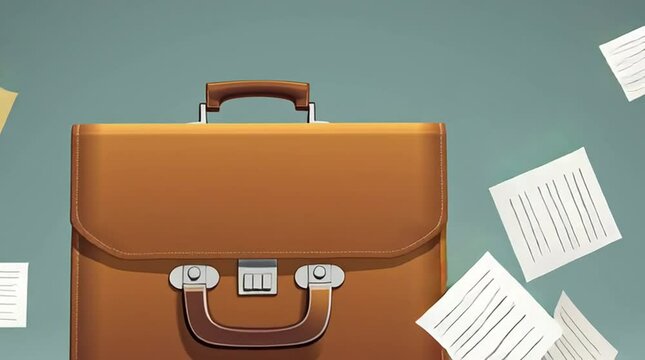 Vintage brown suitcase overflowing with scattered white papers on a green background, symbolizing travel and organization chaos