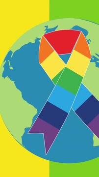 Animation of rainbow awareness ribbon on globe over rainbow stripes