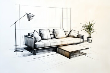 interior design sketch of a modern living room with a sofa and lamp