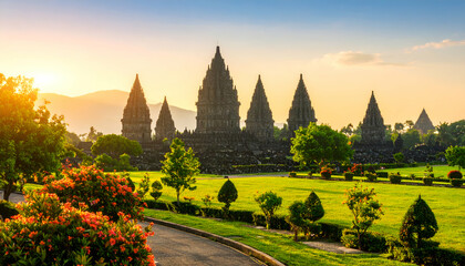 Sunrise at Prambanan Temple with Java.