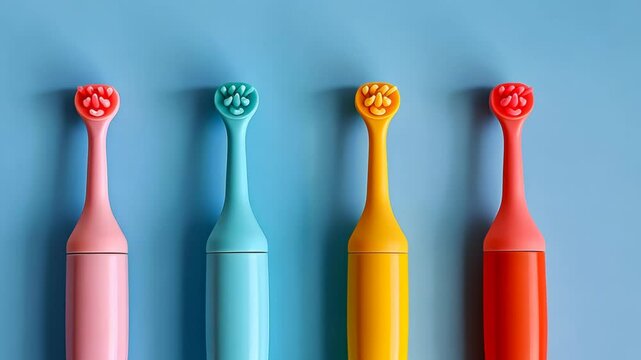 selective focus colorful children&rsquo;s toothbrushes close-up