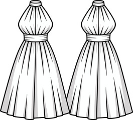 Vector technical fashion sketch of sleeveless halter neck long dress, front and back view, pleated gown design, flat cad drawing