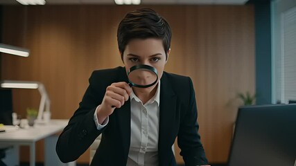 close up Businesswoman Examining Something with Magnifying Glass in Office