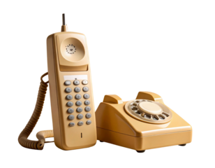 A bulky beige vintage cordless phone handset with a long antenna rests next to its cl 