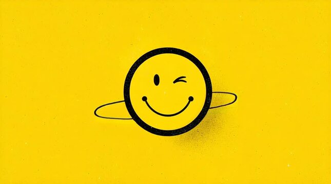 Joyful smiley face illustration on vibrant yellow background with playful features expressing happiness and positivity
