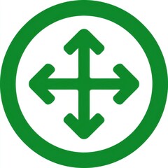 Fototapeta premium Green circular sign with white interior featuring four directional arrows pointing up, down, left, and right, creating a clear and simple visual symbol.