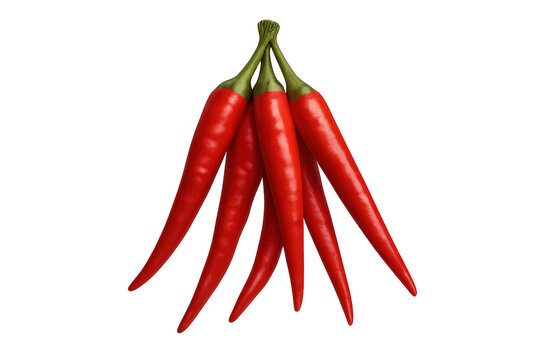 Vibrant red chili peppers bundled together, suspended against transparent backdrop, lending fiery flavor potential for cooking