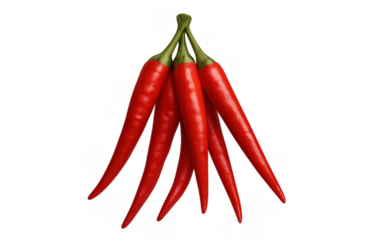 Vibrant red chili peppers bundled together, suspended against transparent backdrop, lending fiery flavor potential for cooking