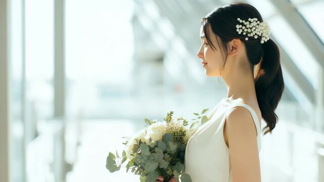 日本人女性が花束を持ち微笑む