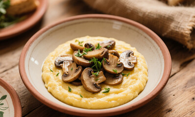 Creamy Polenta with Sautéed Mushrooms and Fresh Herbs in a Rustic Italian Setting, Farmhouse Style Food Photography