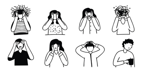 Mega Set of Line Icons Depicting Overwhelmed and Stressful Situations on transparent background