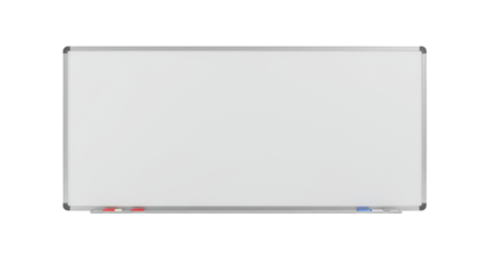 Pristine, modern horizontal whiteboard, empty, with a sleek silver aluminum frame, isolated on a transparent background with negative copy space, studio shot with even lighting, no shadows, concept of