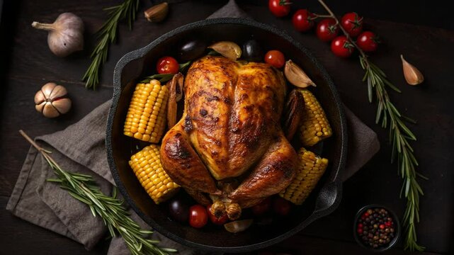Roasted poultry dish corn garlic rosemary and tomato garnish