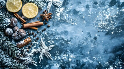Winter Festive Baking Background: Cinnamon, Lemons, Spruce and Star Anise