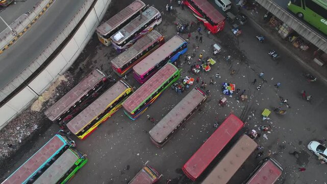 Dhaka, Bangladesh - 01 April 2025: Aerial view of traffic and rickshaws in urban landscape, Bangladesh.