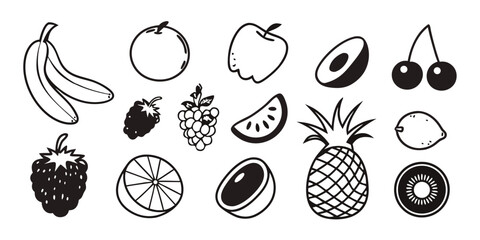 Mega Set of Line Fruit Icons on Transparent Background