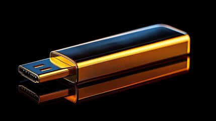 Golden USB flash drive on a dark reflective surface.