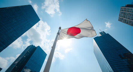Japanese Flag Waving in Cityscape