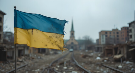 Ukrainian Flag Torn in War-Torn City