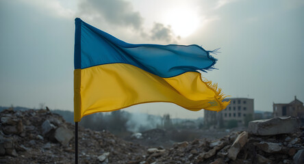 Ukrainian Flag Amidst Destruction