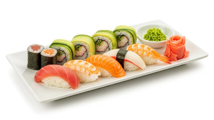 Assorted Sushi Platter with Rolls, Nigiri, Wasabi, and Ginger – White Background