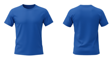 Blank royal blue short-sleeved t-shirts (front/back), uncreased, flat lay on transparent background, copy space, bright shadowless studio lighting, commercial clothing template concept