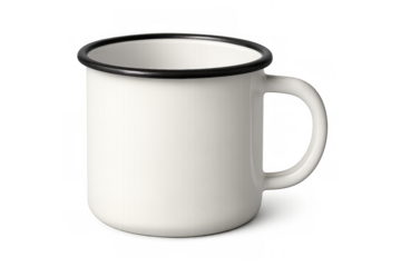 Vintage-style white enamel mug featuring contrasting black rim, resting on transparent background, ready for custom graphic design or nostalgic styling