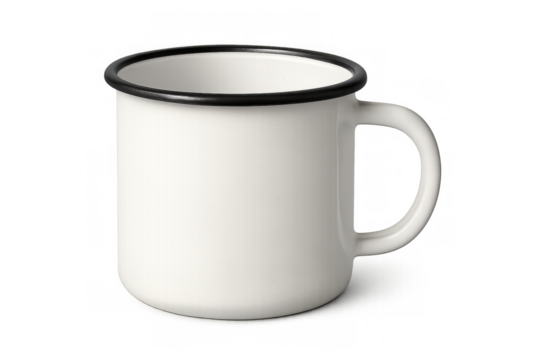 Vintage-style white enamel mug featuring contrasting black rim, resting on transparent background, ready for custom graphic design or nostalgic styling