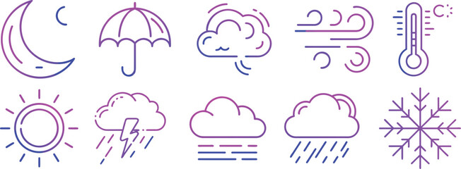 Weather Icons A Collection of Line Art sun moon clouds rain snow wind and a thermometer