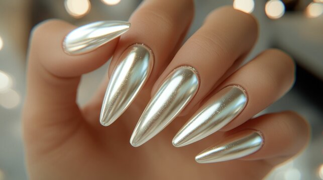 Close-up of long, pointed, metallic nails
