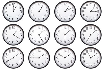 A set of classic round analog wall clocks with black frames and bold numbers, each showing a...