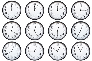 A set of classic round analog wall clocks with black frames and bold numbers, each showing a...