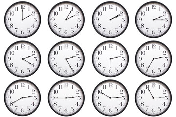 A set of classic round analog wall clocks with black frames and bold numbers, each showing a...