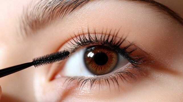 Close-up of mascara application on eye - Powered by Adobe