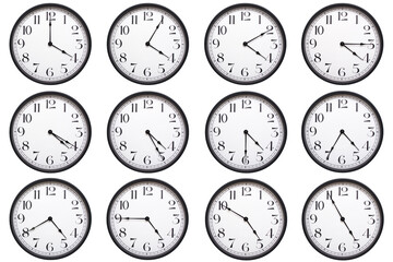 A set of classic round analog wall clocks with black frames and bold numbers, each showing a different hour from 04:00 to 04:55 or 16:00 to 16:55. Perfect for time related infographics.